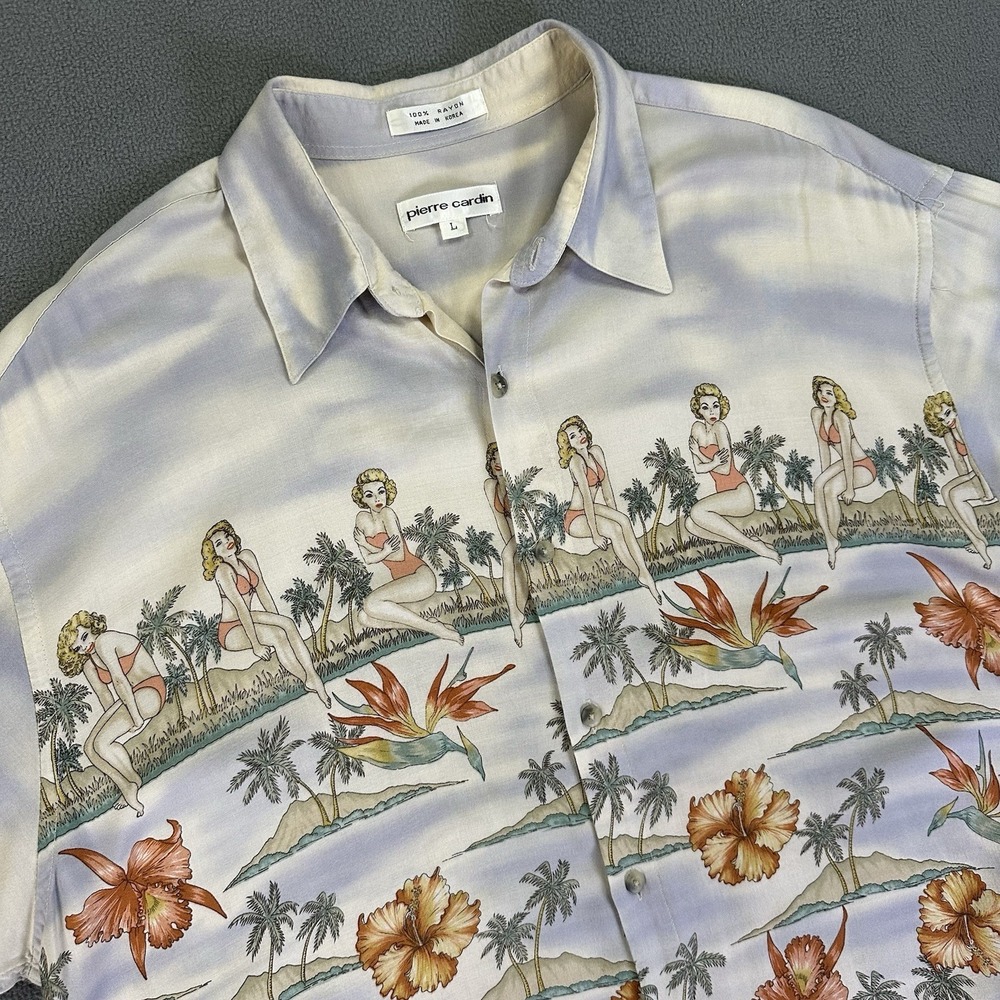 Pierre Cardin Shirt Mens Large Beige Blue Beach Hula Bikini Girl Rayon Vintage